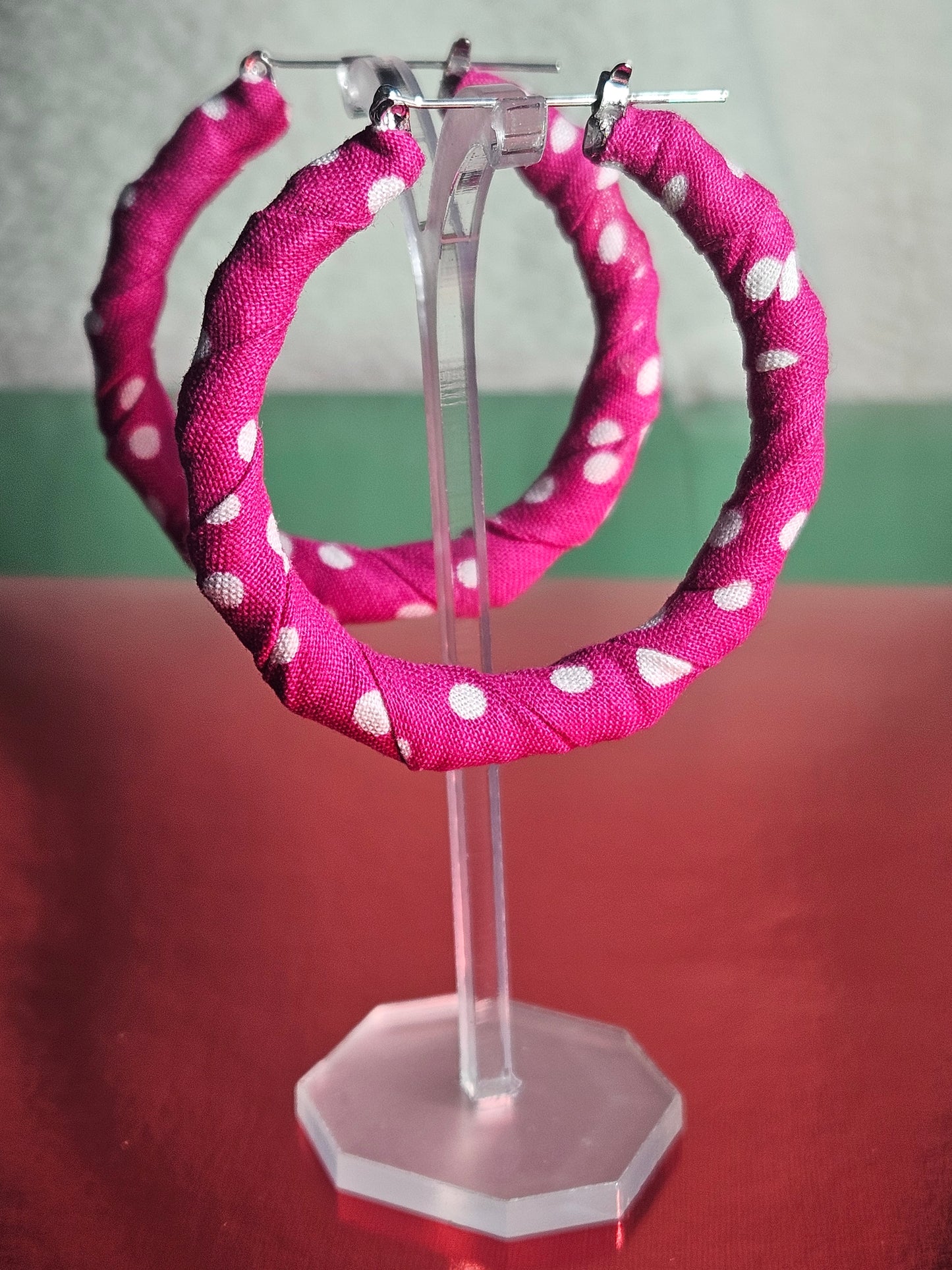 2" Skinny Hoop-Dark Pink w White Polka-dot